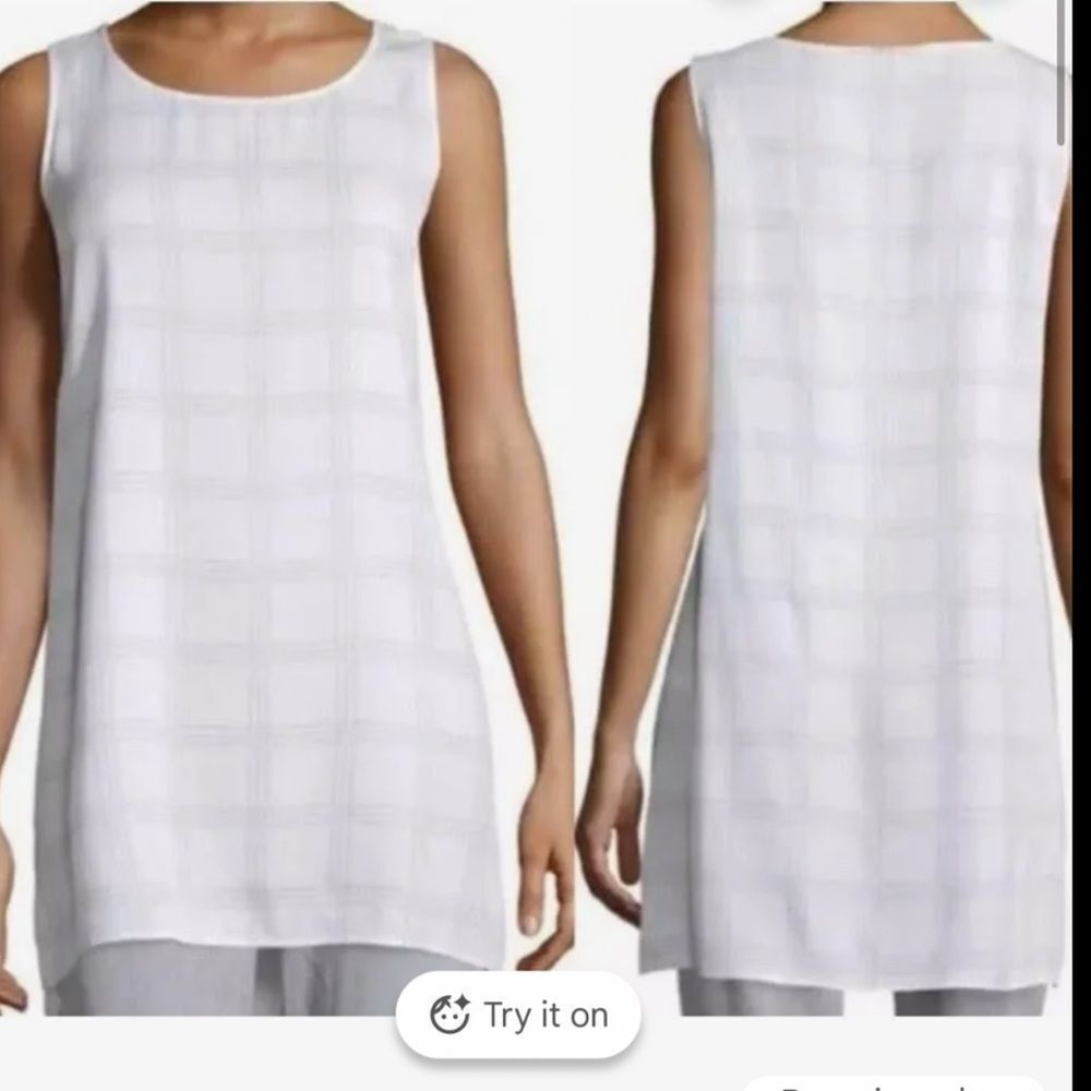 NWT EILEEN FISHER Plaid SILK Georgette Crepe Sleeveless Tunic w/ Tank Size MED